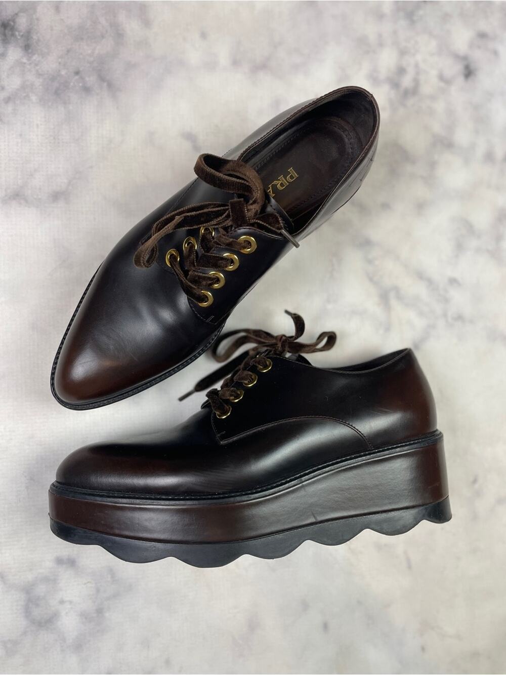 Prada Vitello Old Platform Oxfords Brown Wavy Sole Flatform 1E851H Sz 39 / 9